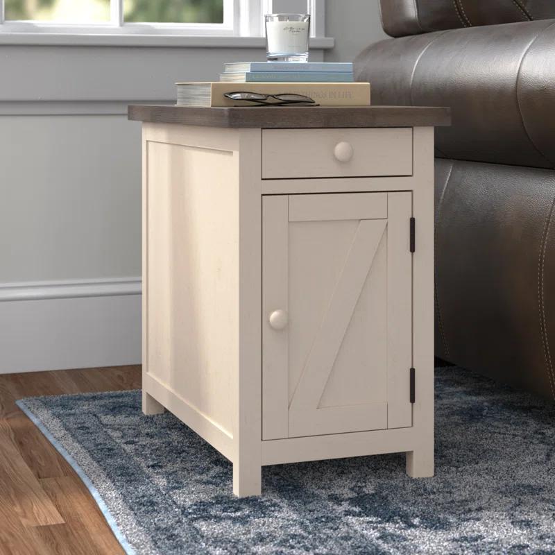 Transitional Rectangular Chairside Table in Cream with Storage