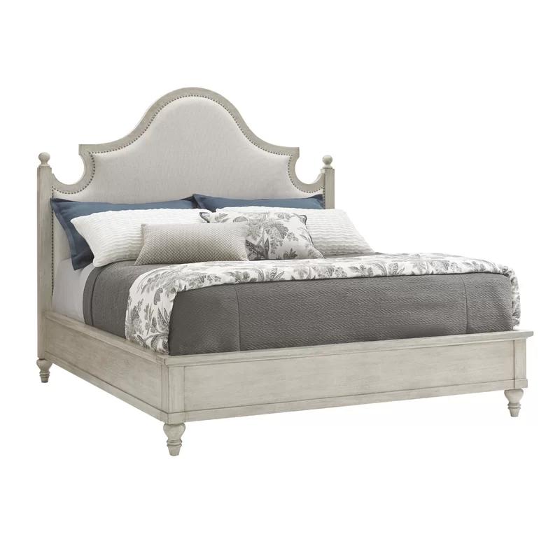 Transitional Cream King Upholstered Bed with Nailhead Trim and Drawer