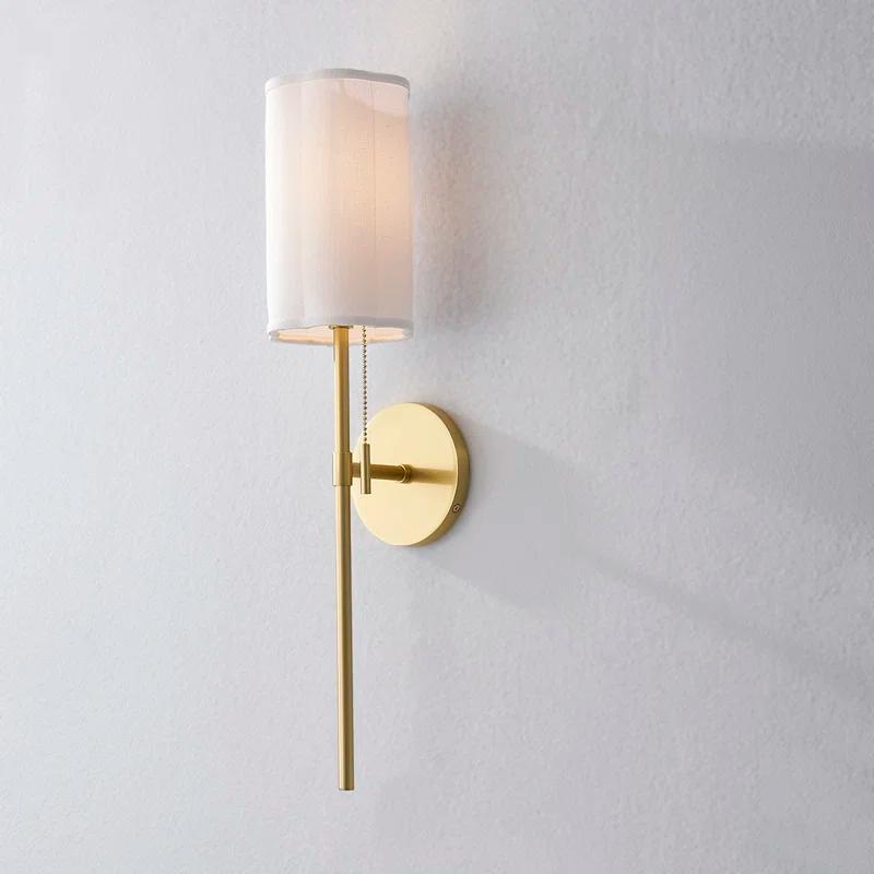Elegant Aged Brass 1-Light Sconce with White Linen Shade