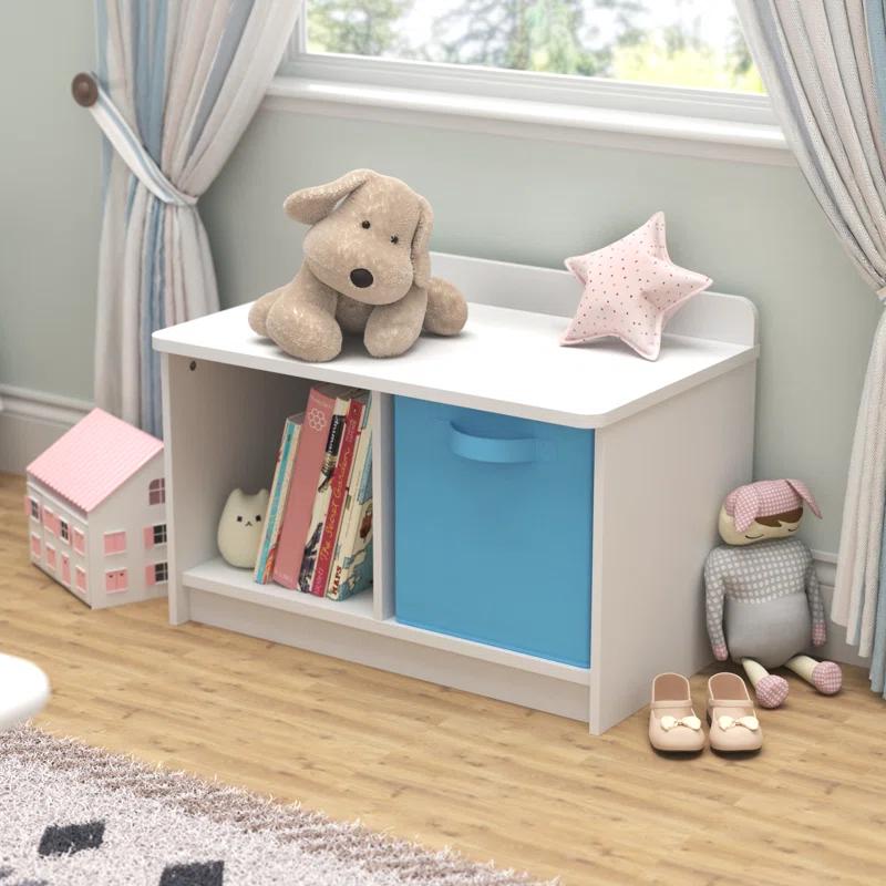 Bright White Laminate Wood Dual-Cube Storage Bench for Kids