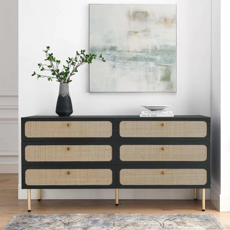 Chaucer Black 6-Drawer Dresser with Oval Rattan Detail