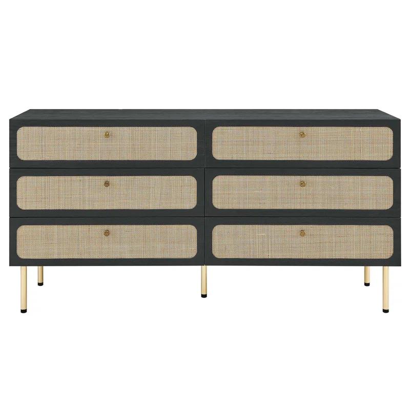 Chaucer Black 6-Drawer Dresser with Oval Rattan Detail