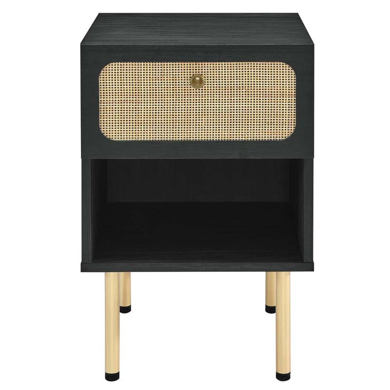 Chaucer Oval Rattan Weave 1-Drawer Nightstand in Black/Gold