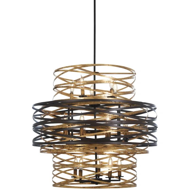 Elegant Dark Bronze and Mosaic Gold Drum Chandelier with 18 Lights