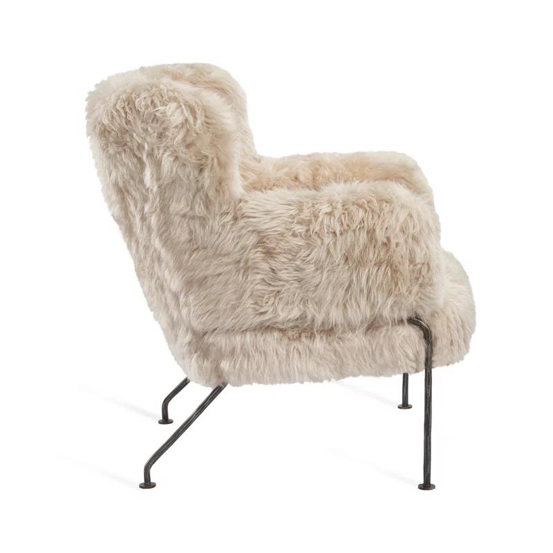 Morel Taupe Tibetan Lambskin Upholstered Armchair with Black Iron Frame