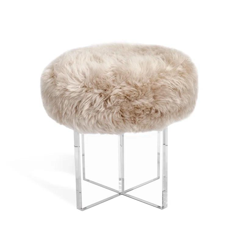 Clear Acrylic and Morel Taupe Tibetan Lambskin Accent Stool
