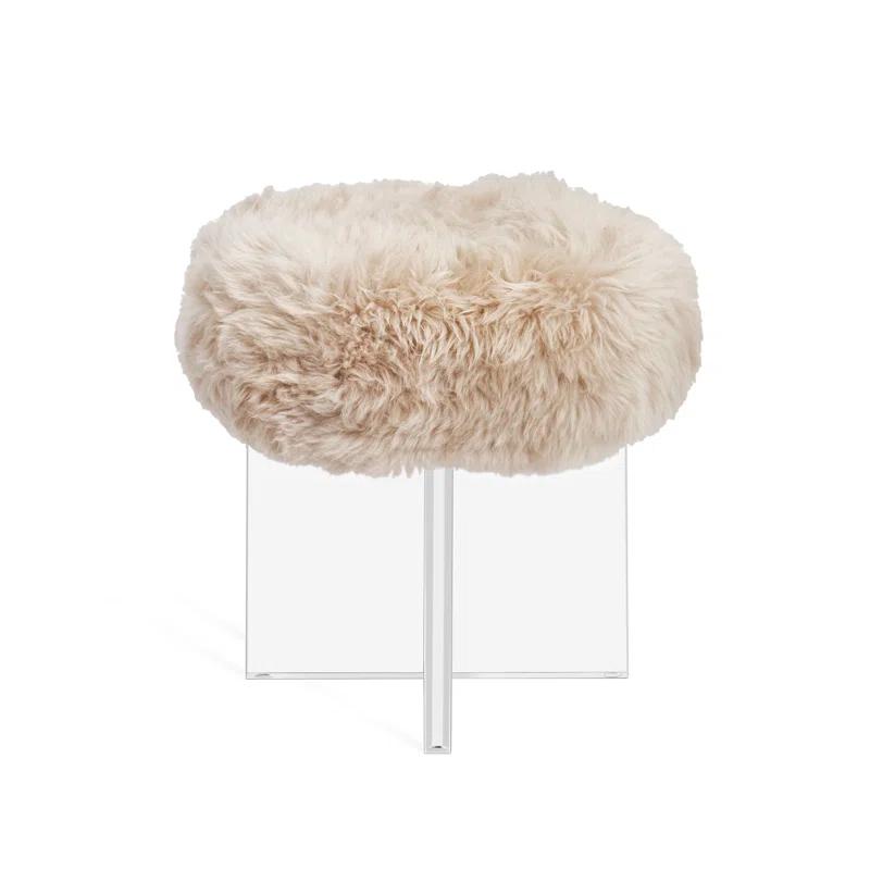 Clear Acrylic and Morel Taupe Tibetan Lambskin Accent Stool