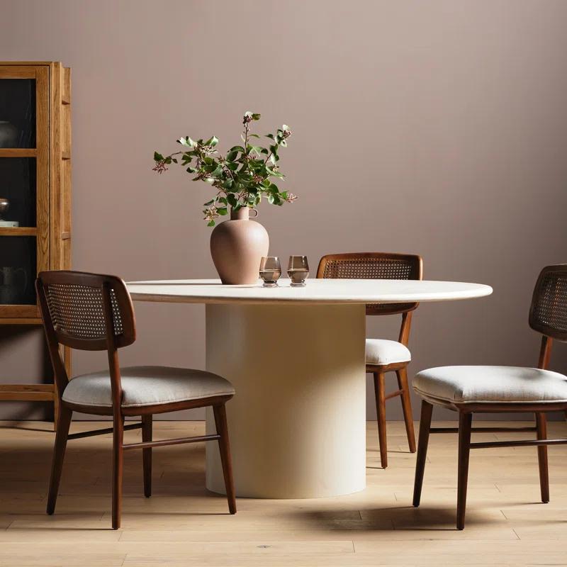 Cream Marble and Iron Round Pedestal Dining Table