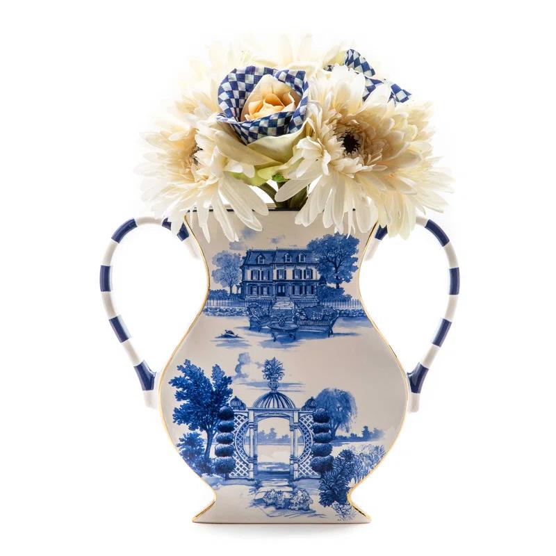 Amphora Handcrafted Ceramic Decorative Vase with Blue Checks and Gold Lustre