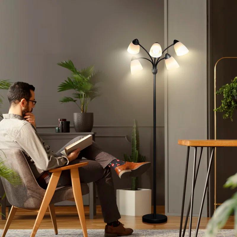 Brightech Medusa 74 in. Modern 5-Light Height Adjustable Gooseneck LED Floor Lamp with 5 Cone Shades
