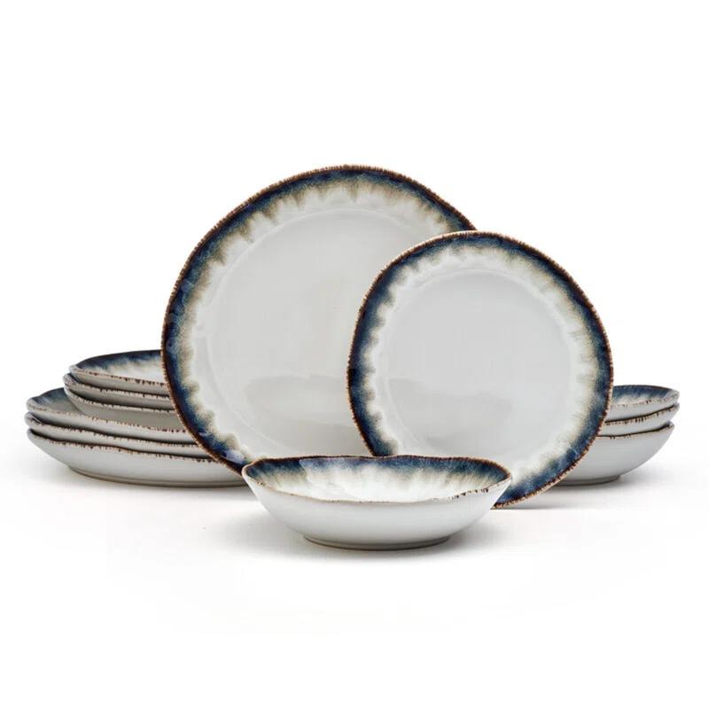 Cole Organic Shaped Cream and Blue 12-Piece Stoneware Dinnerware Set