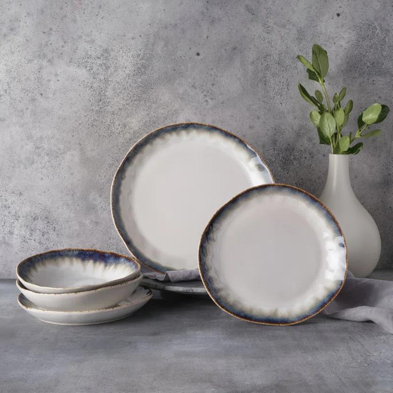 Cole Organic Shaped Cream and Blue 12-Piece Stoneware Dinnerware Set