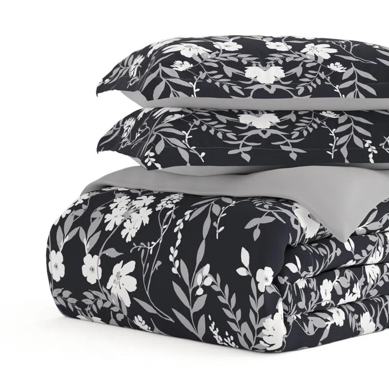 Black Floral Reversible Microfiber Full/Queen Duvet Cover Set