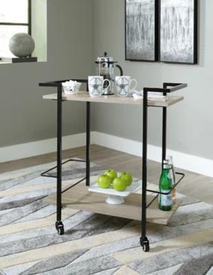 Transitional Black and Beige Bar Cart with Bottle Holders and Locking Casters