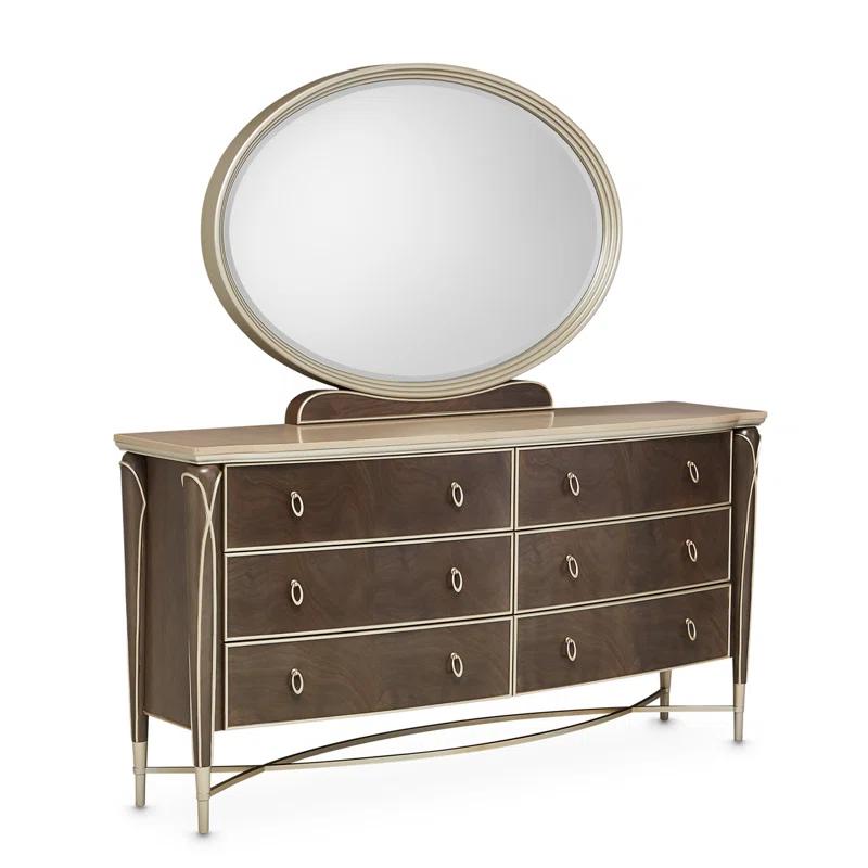Hazelnut Birch Double Dresser with Curved Mirror & Soft Close Drawer