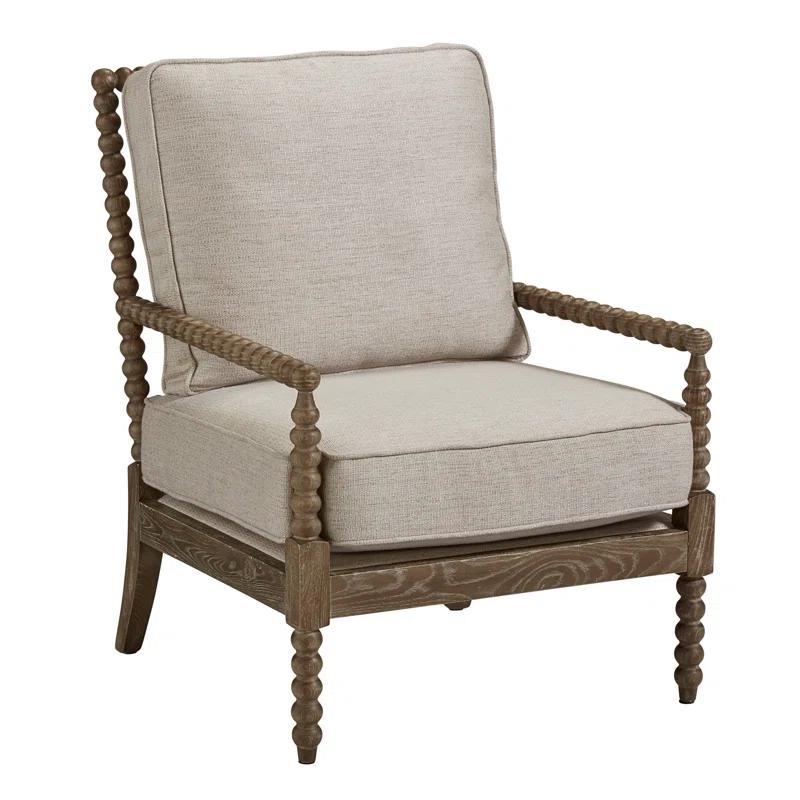 Transitional Sara Light Gray Linen and Brown Wood Armchair