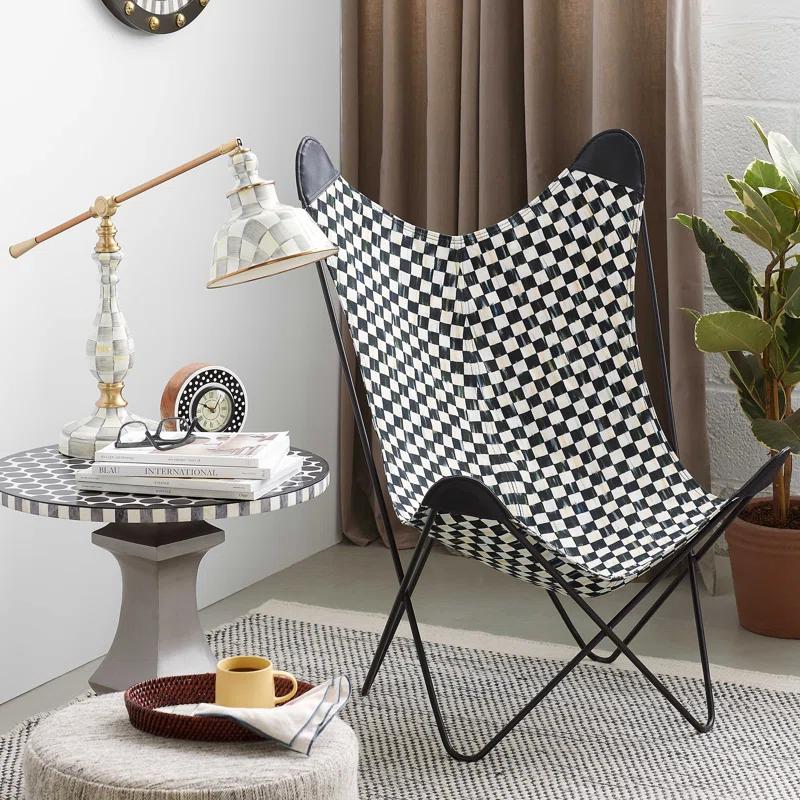 Black and White Faux Leather Butterfly Chair with Metal Frame