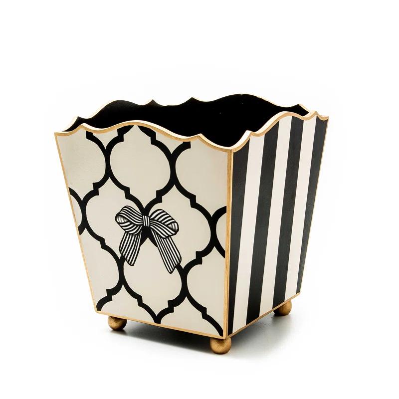 Black and White Hand-Painted Wood Waste Bin