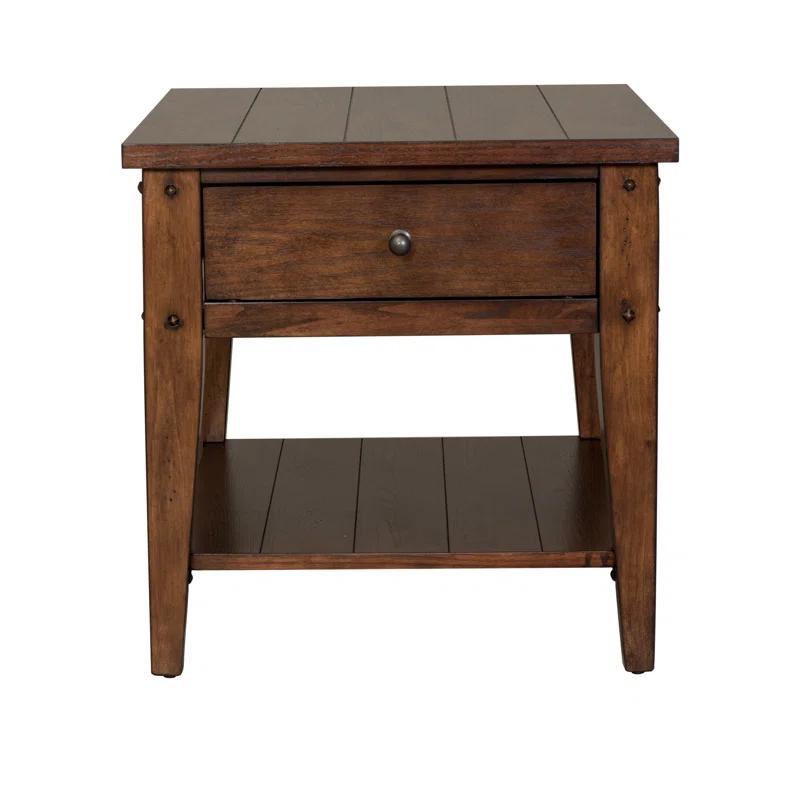 Rustic Brown Oak Rectangular Wood End Table with Storage