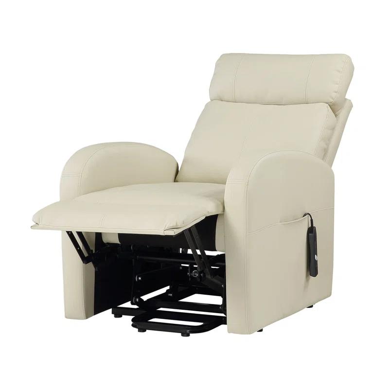 Beige 28'' PU Leather Swivel Recliner with Lift and Wood Accents