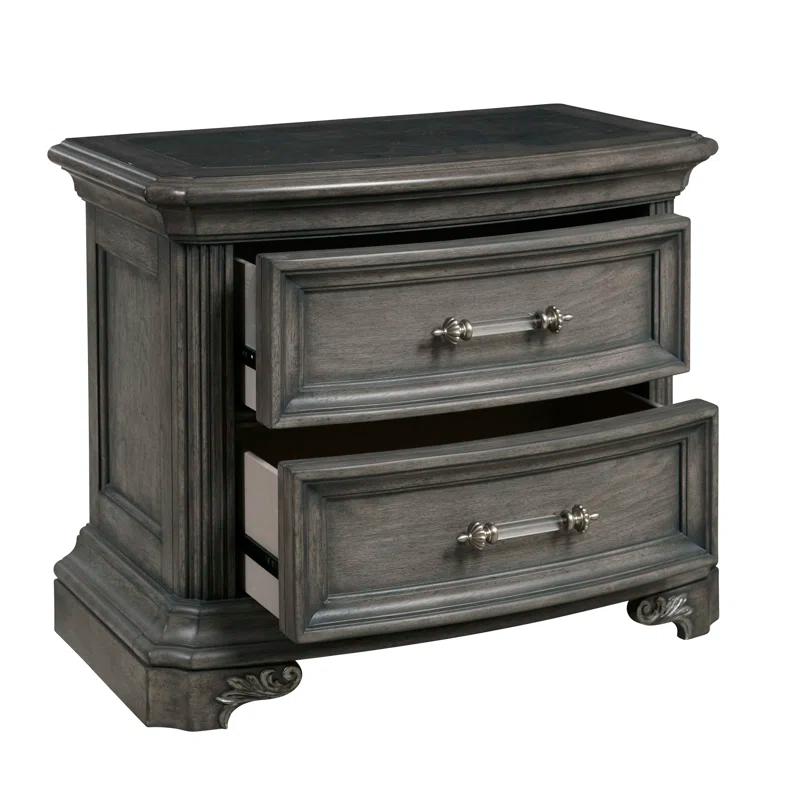 Vivian Distressed Gray 2-Drawer Nightstand with USB Port and Rubberwood Legs