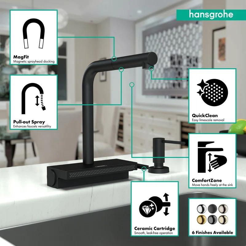 Transitional Nickel Pull-Out Kitchen Faucet with Laminar and SatinFlow Spray