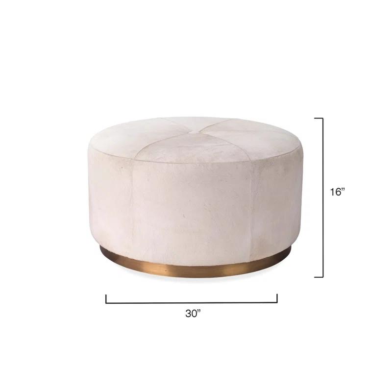 Thackeray Round White Velvet Brass-Accented Pouf