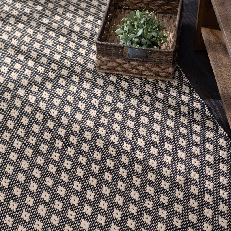 Dainty Diamond Black Handwoven Cotton Rectangular Rug, 4' x 6'