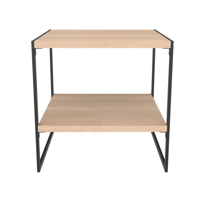 Natural Wood and Black Metal Square Side Table with Storage Shelf