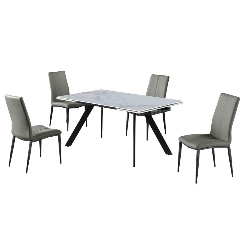 Gloss White Faux Marble Extendable Dining Set with Gray Chairs