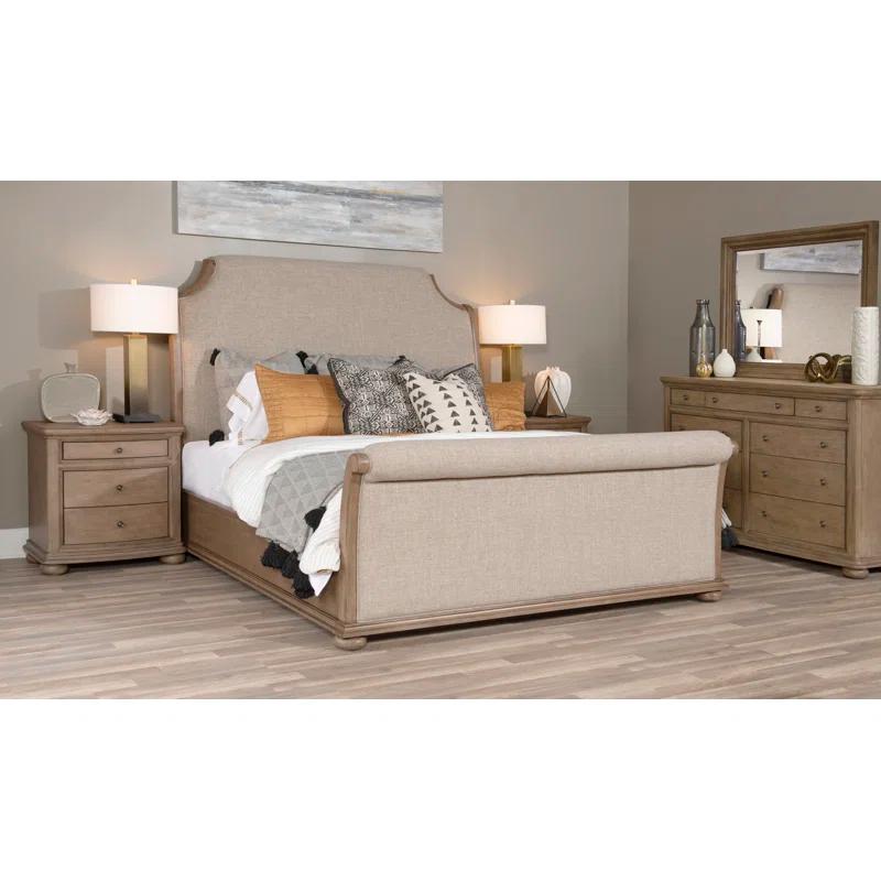 Transitional Chestnut King Sleigh Bed with Upholstered Headboard and Storage Drawer