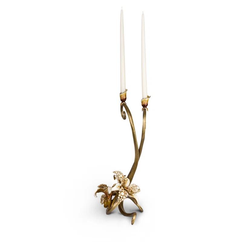 Roselyn Orchid 21.5" Golden Double Candlestick with Swarovski Crystals