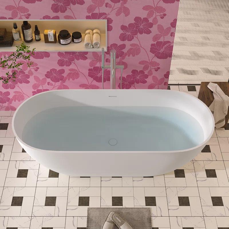 59" x 30" Freestanding Soaking Solid Surface Bathtub Stone Resin Bath Tub with Overflow and Pop-up Drain for Contemporary Bathroom, Glossy/Matte White