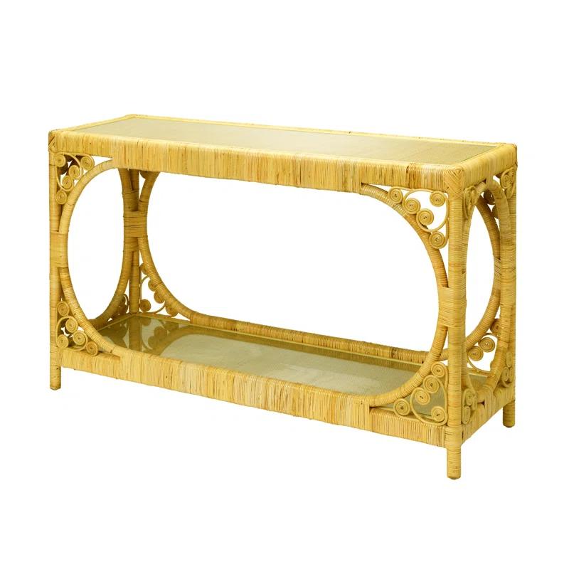 Sophisticated Tropical Rattan Console with Tempered Glass Top