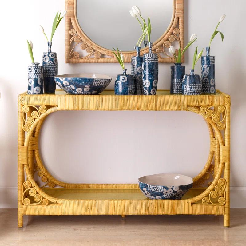 Sophisticated Tropical Rattan Console with Tempered Glass Top