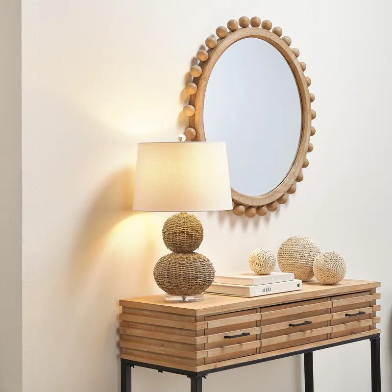 Orion Round Light Wood Mirror with Gold Ornamental Beads