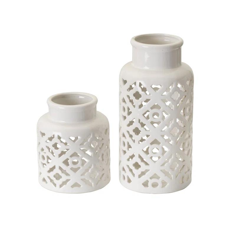 Geometric White Ceramic Vase Duo for Elegant Home Decor