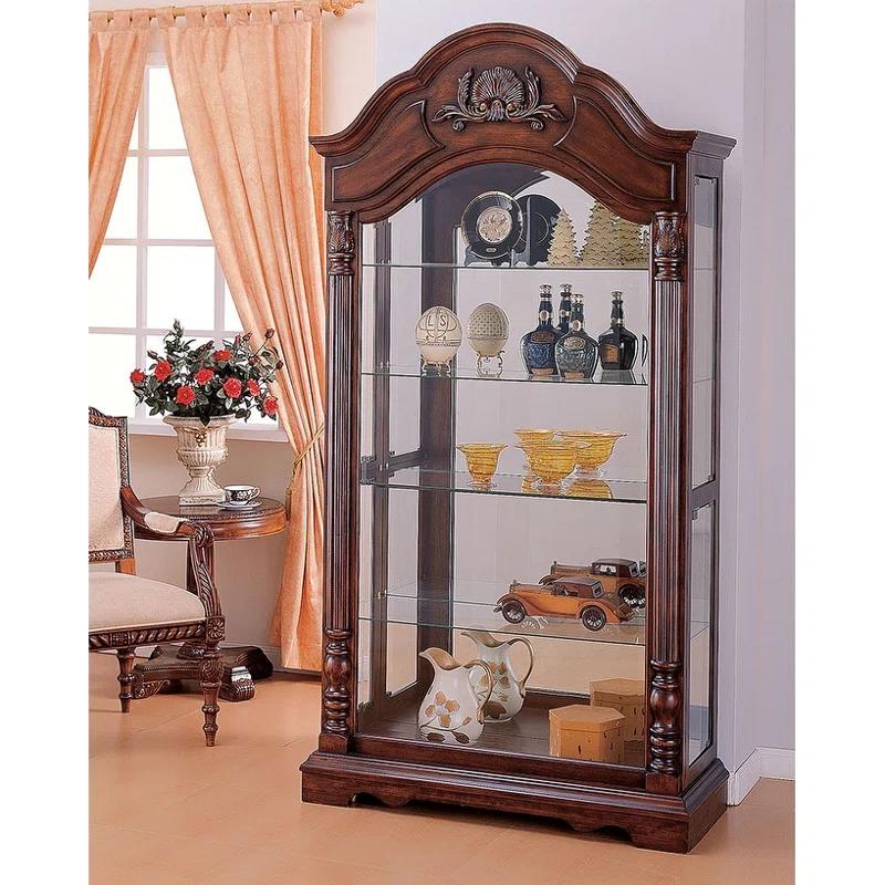 Elegant Cherry Transitional Style Lighted Curio Cabinet with Glass Shelves