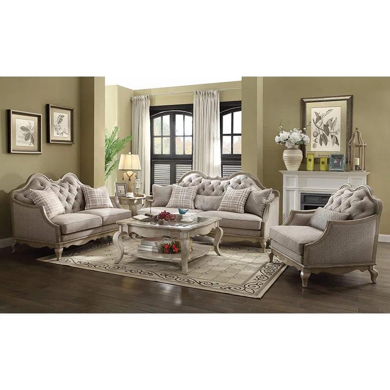 Chelmsford Antique Taupe and Beige Fabric Tufted Armchair