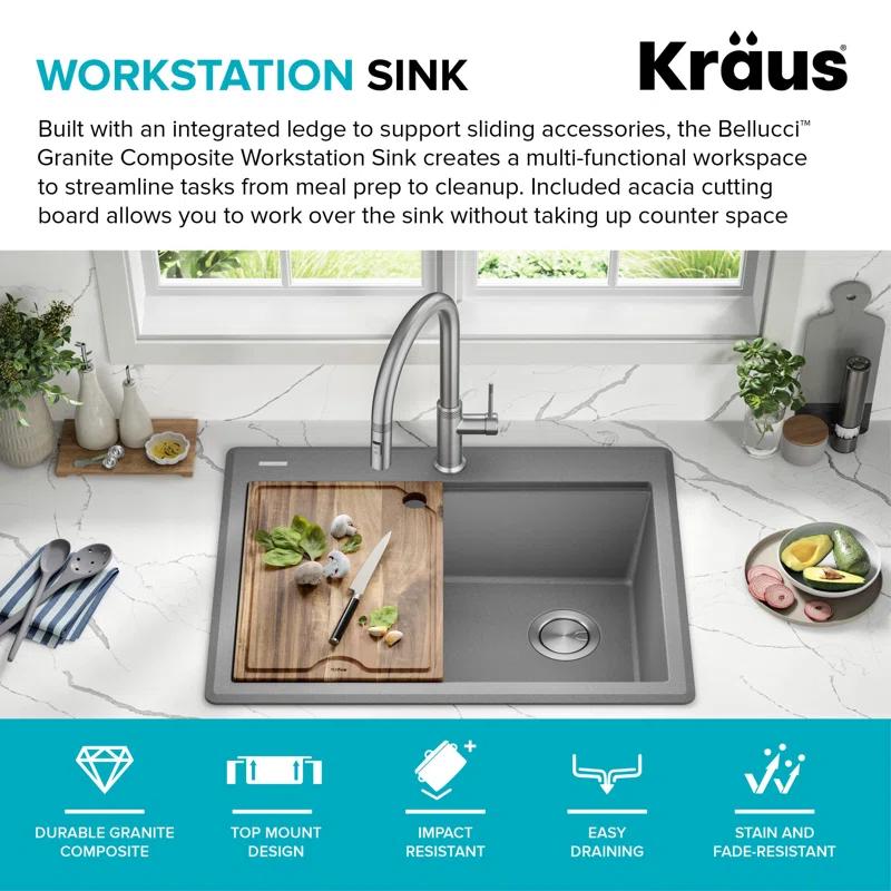 KRAUS Bellucci Granite Composite Workstation Drop-In Top Mount Single Bowl Kitchen Sink with Accessories