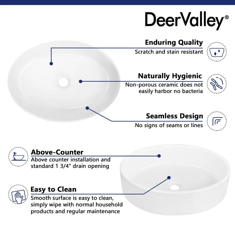 DeerValley 19.7'' x 14'' White Oval Vitreous China Vessel Bathroom Sink
