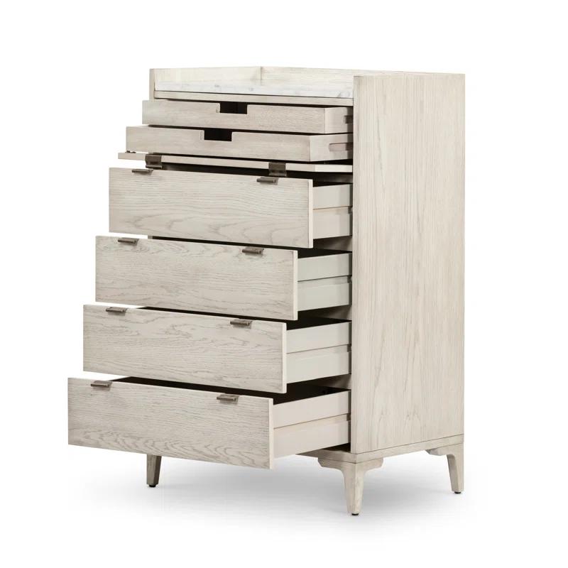 Viggo Vintage White Oak 5-Drawer Tall Dresser with Marble Accent