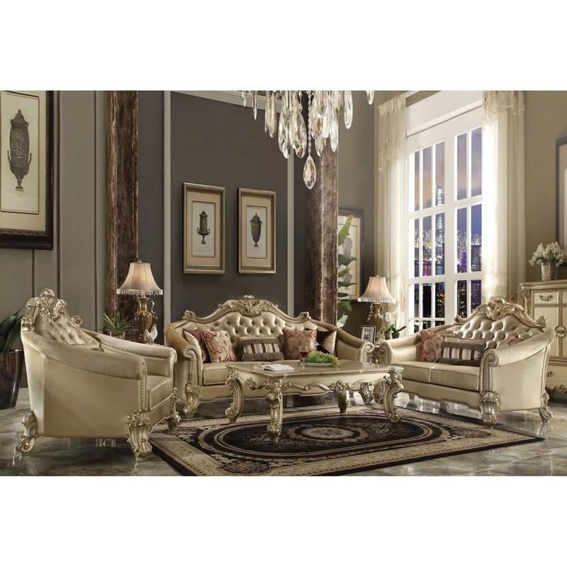 Vendome Grandeur 89'' Bone Faux Leather Tufted Sofa with Gold Patina