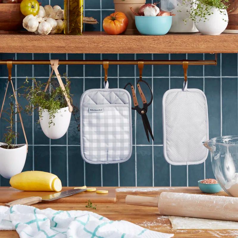 Matte Grey Gingham Silicone Cotton Pot Holder Set