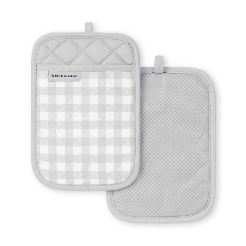 Matte Grey Gingham Silicone Cotton Pot Holder Set