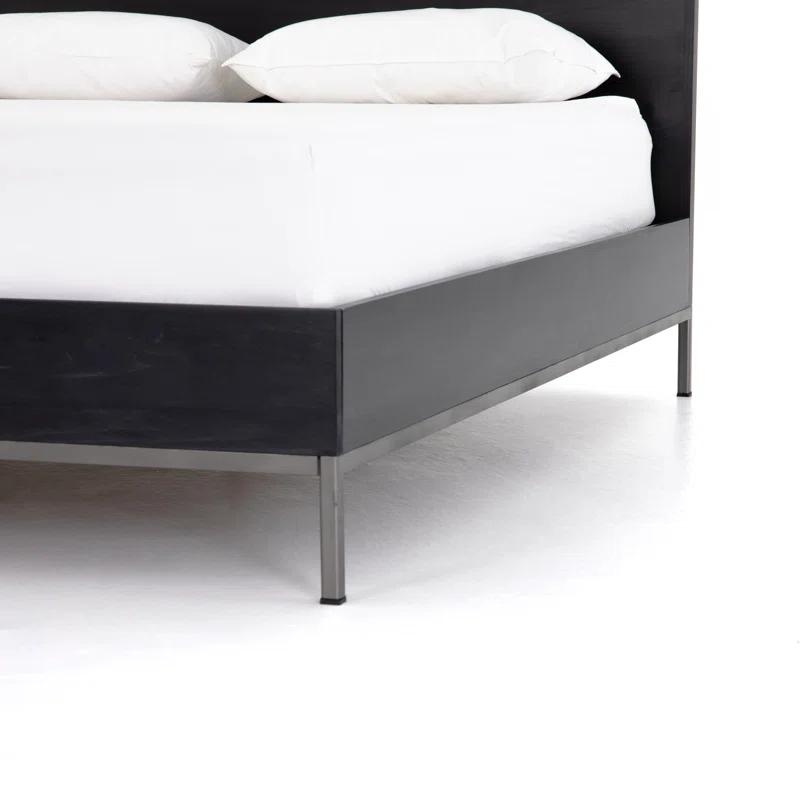 Modern Black Metal Frame Queen Bed with Wood Headboard