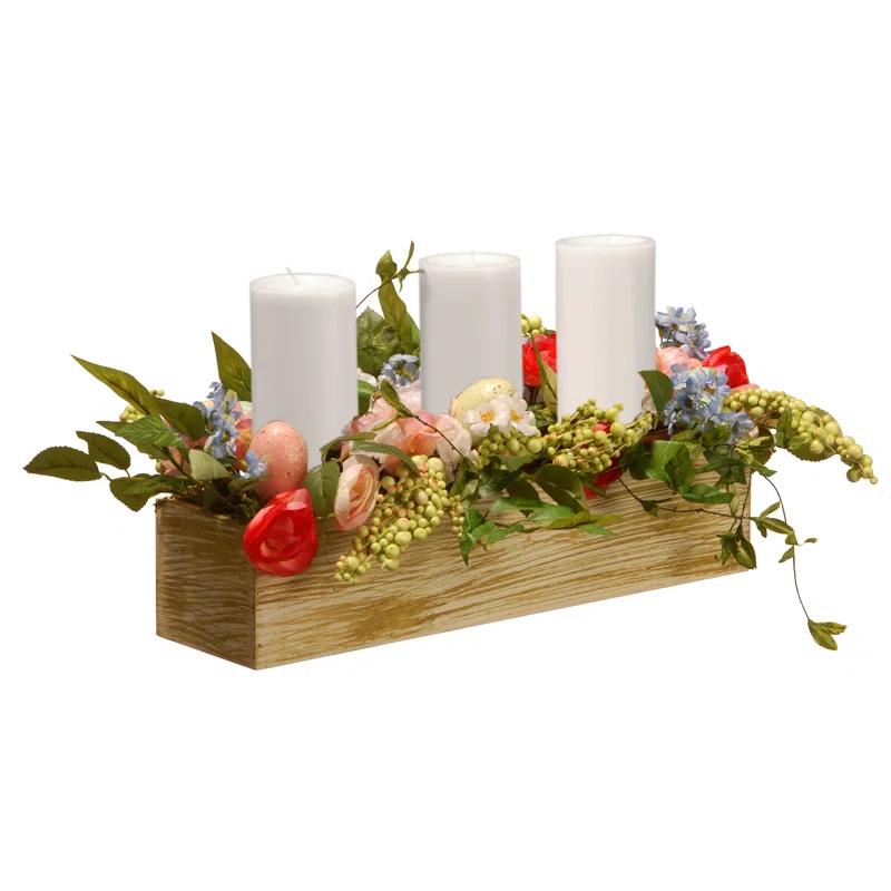 Rustic Woodgrain Hurricane Candle Holder with Spring Florals