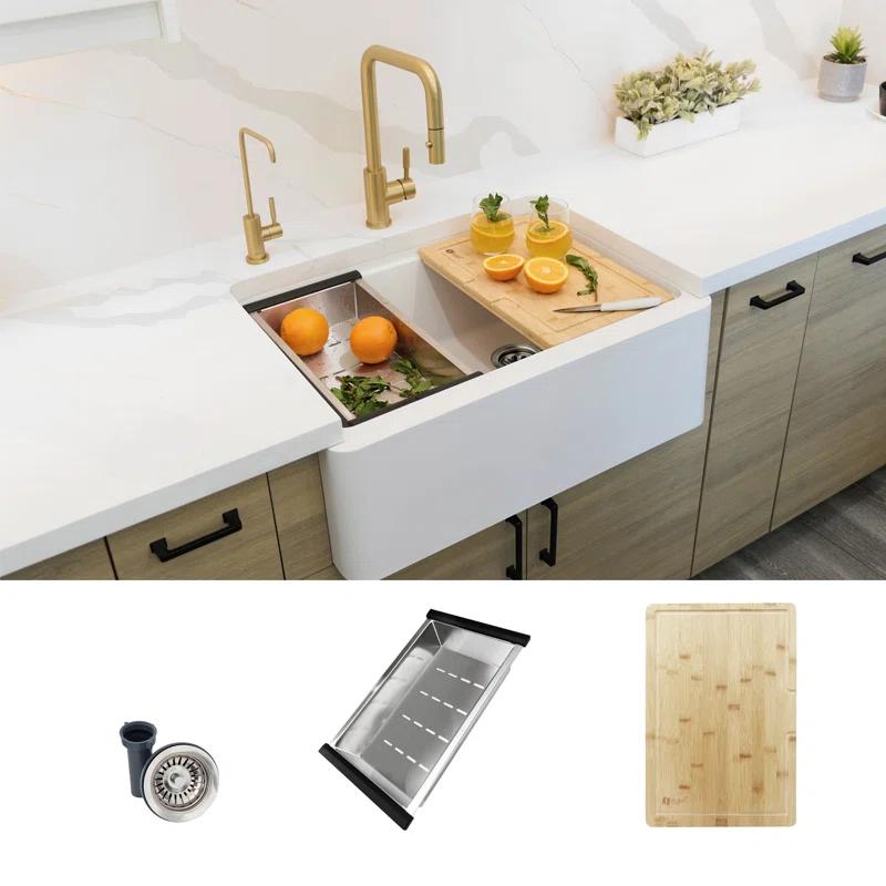 Pietra STYLISH 30 inch Undermount Workstation Single Bowl Composite Granite Apron Kitchen Sink