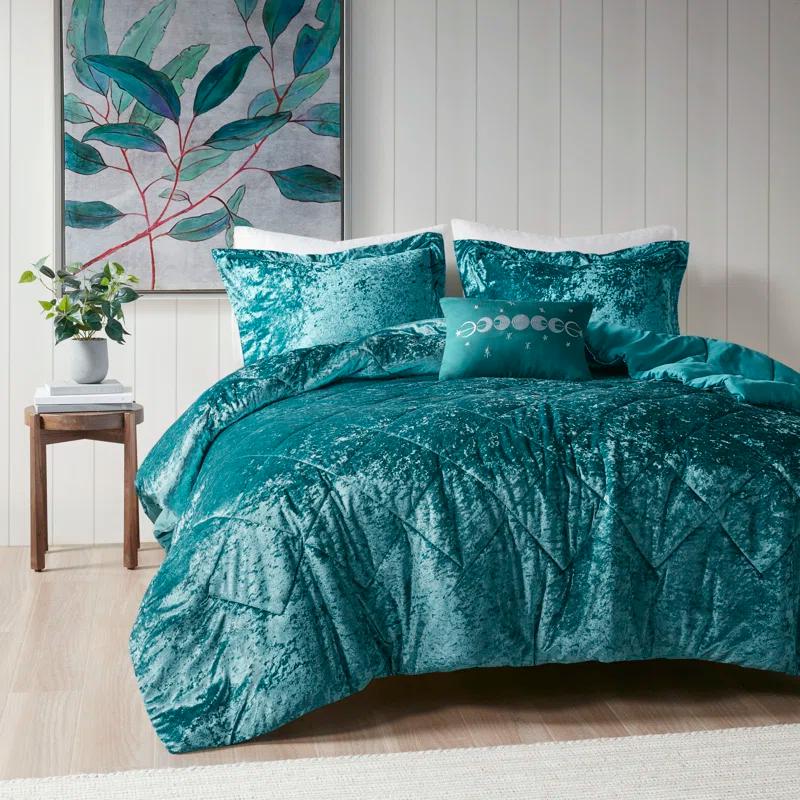 Teal Crushed Velvet Quilted Full/Queen Duvet Set