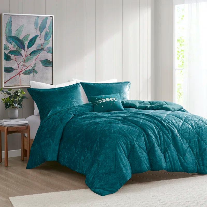 Teal Crushed Velvet Quilted Full/Queen Duvet Set